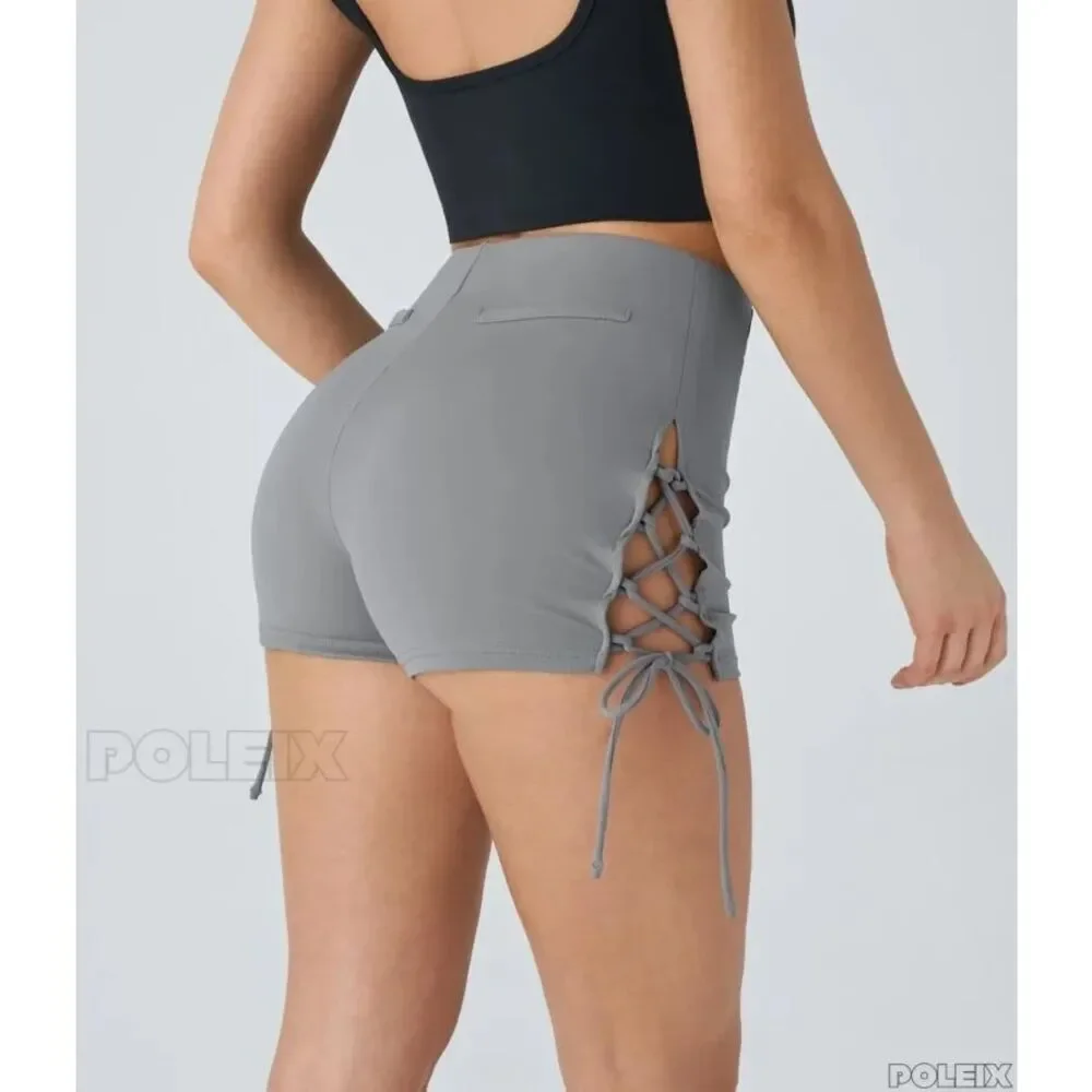 Halara Gray Lace Up High Waisted Shorts Side Tie Stretch Size L NWT